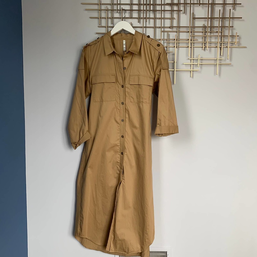 Zara Tan Button-Front Midi Shirt Dress